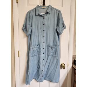Denim Button Front Knee Length Midi Shirt Dress Sz L Cottage Modest Western